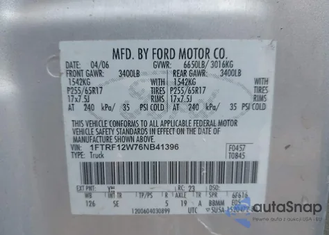 2006 Ford F-150 Stx/Xl/Xlt z USA, uszkodzony, nr VIN 1FTRF12W76NB41396
